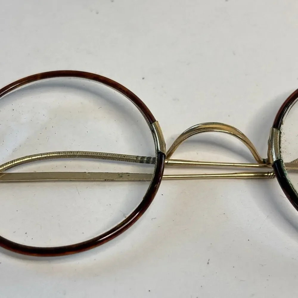 Antique 1/10 12K GF Horn Rim Eyeglasses Round Cable Temple Frames Case AS IS